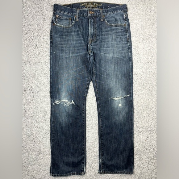 American Eagle Jeans Mens 34 x 32 Original Straight Cotton Dark Distressed Holes - Picture 1 of 6